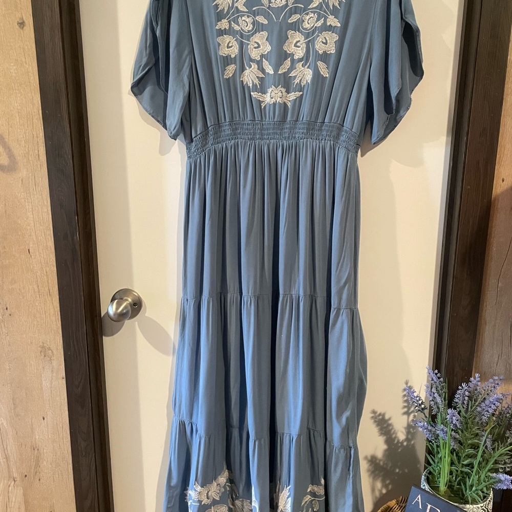 Polagram Blue Maxi Dress with White Floral Embroidery